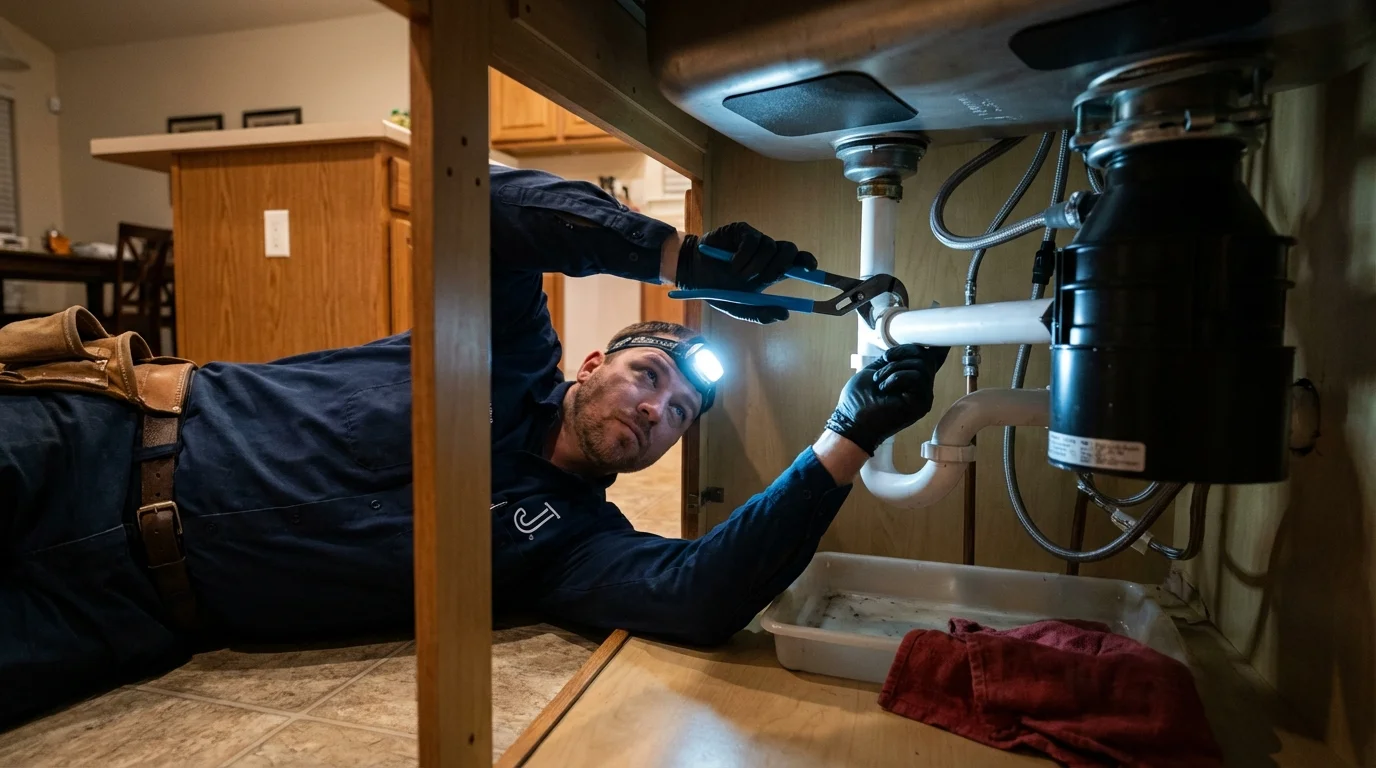 P-trap and supply line connections under a kitchen sink showing a common leak point in Wawarsing, NY